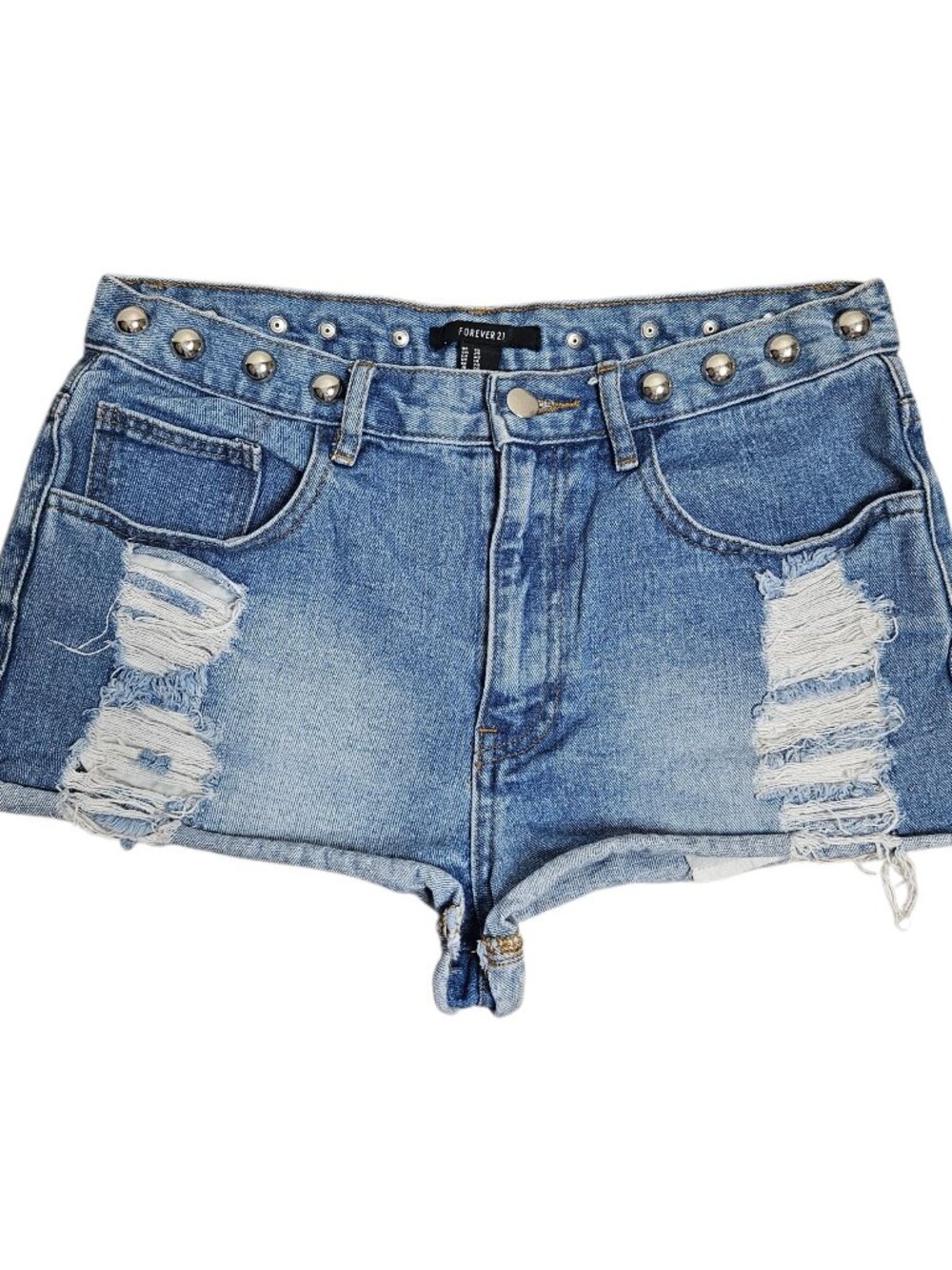 Forever 21 Womens 29 Denim Shorts Metal Studded Distressed Raw Hems Cutoffs Boho